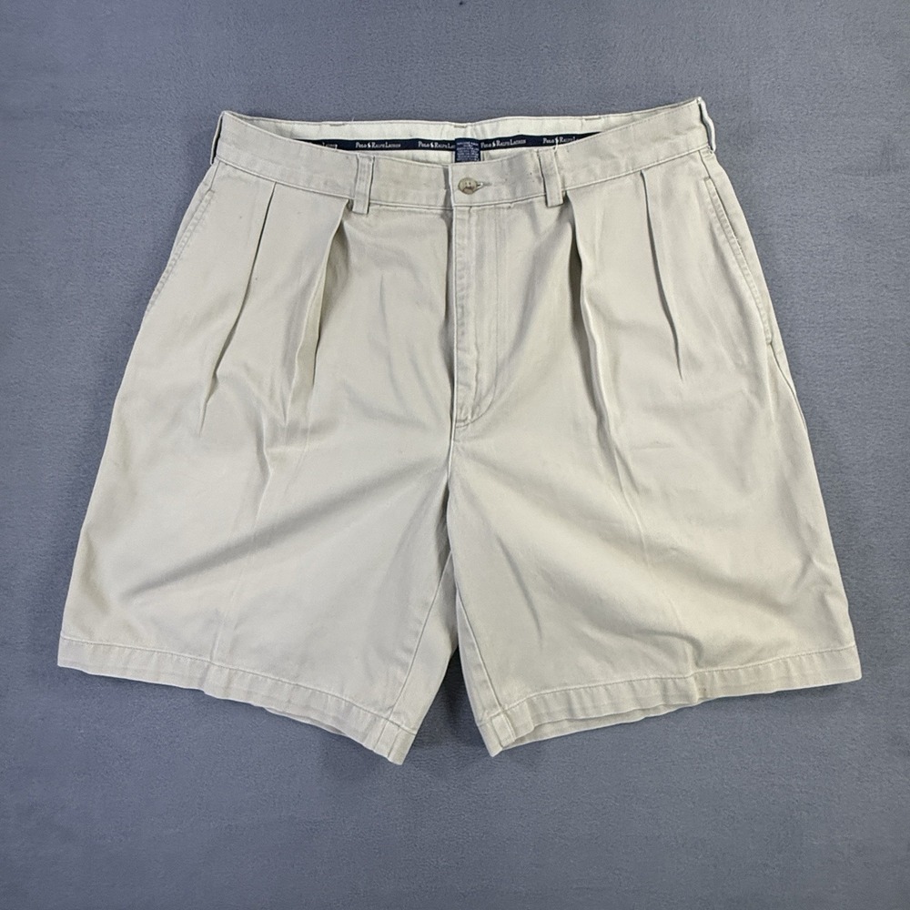 Polo Ralph Lauren Shorts Sz 36 Khaki Tyler Pleated‎ Chino Cotton Tan Classic